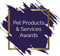 Graphic with a dark purple background and gold brushstroke accents, displaying white text that reads 'Pet Products & Services Awards'.