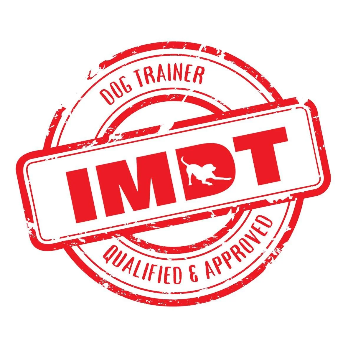 Red stamp-style badge with the words "Dog Trainer" and "Qualified & Approved" surrounding a circular border, with the word "IMDT" in the center and a silhouette of a dog with a tennis ball inside the letter "D."