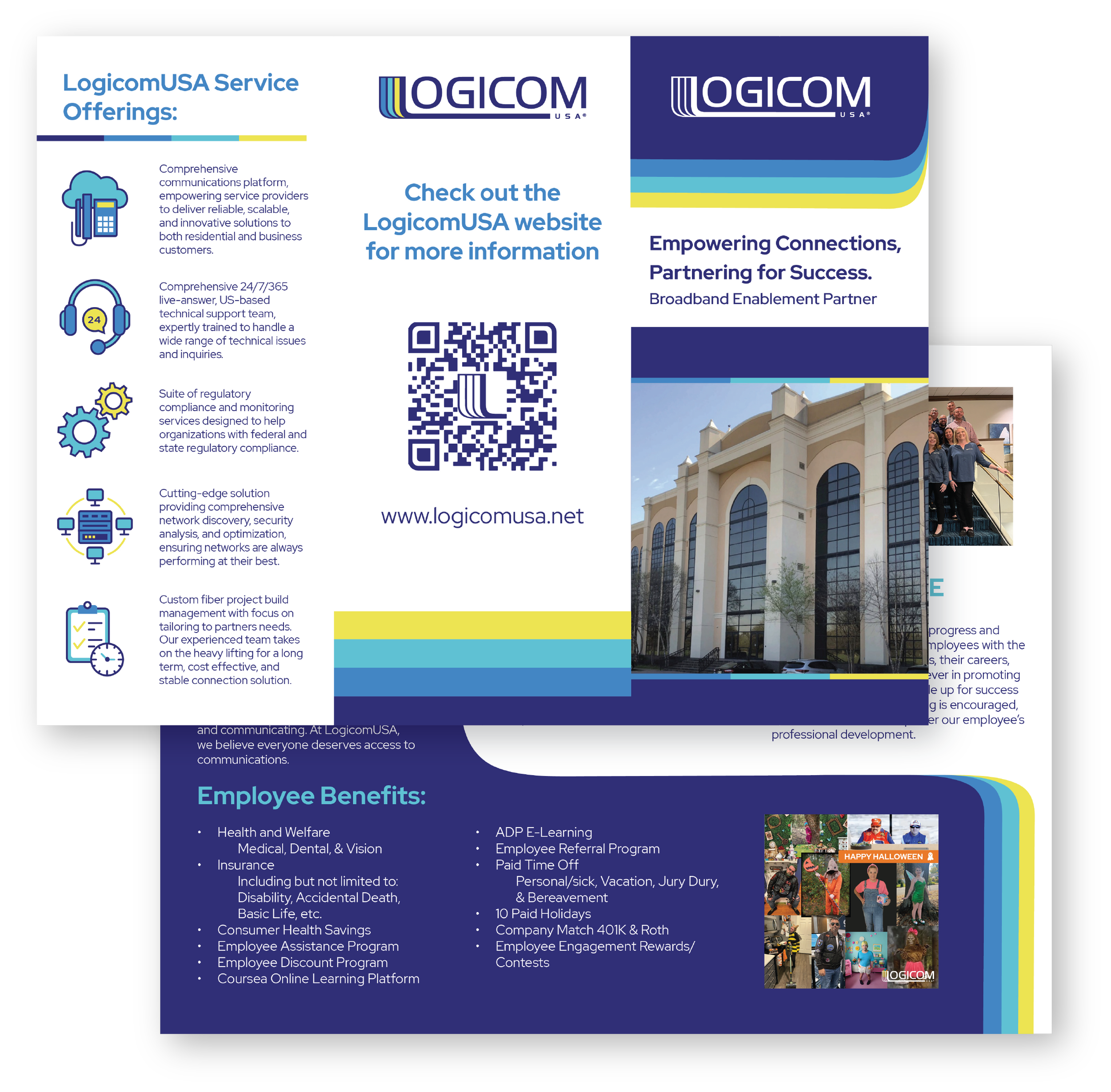 Company brochure with high level information about service offerings and culture including qr code to website and location information.