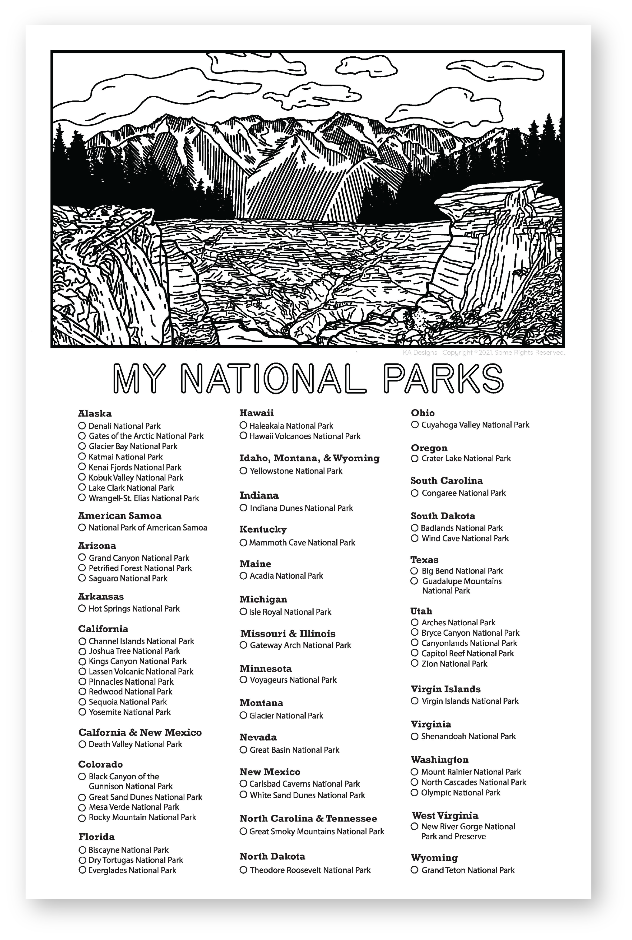 My National Parks Checklist
Color your own national park checklist with collage illustration with multiple national park visuals