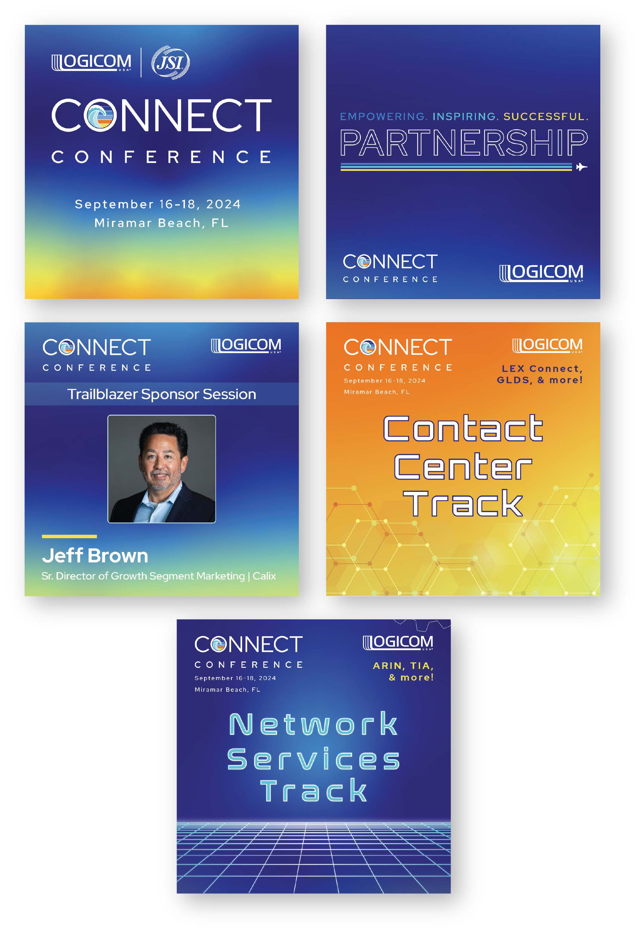 Connect Conference 2024
Social media graphic examples including main conference graphic, theme, speaker spotlights, and unique track visuals