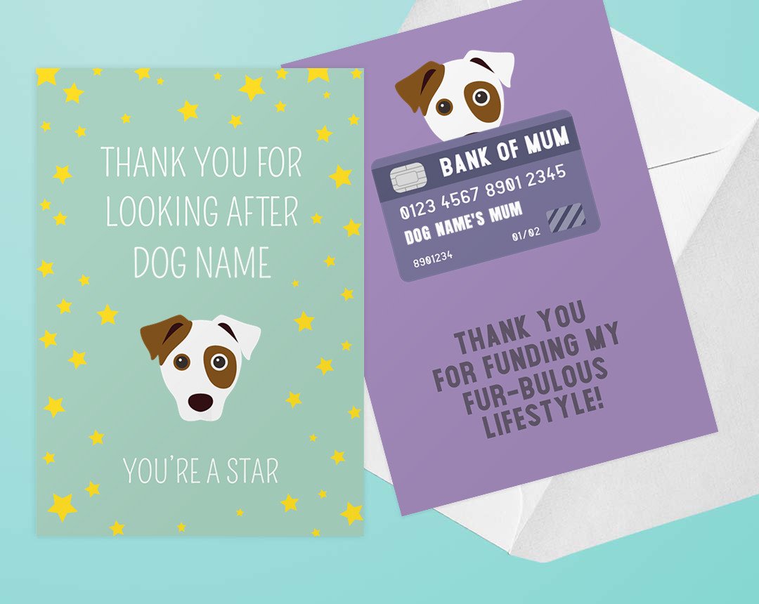 personalised dog cards, custom dog cards, dog birthday card, dog thank you card, personalised dog thank you card