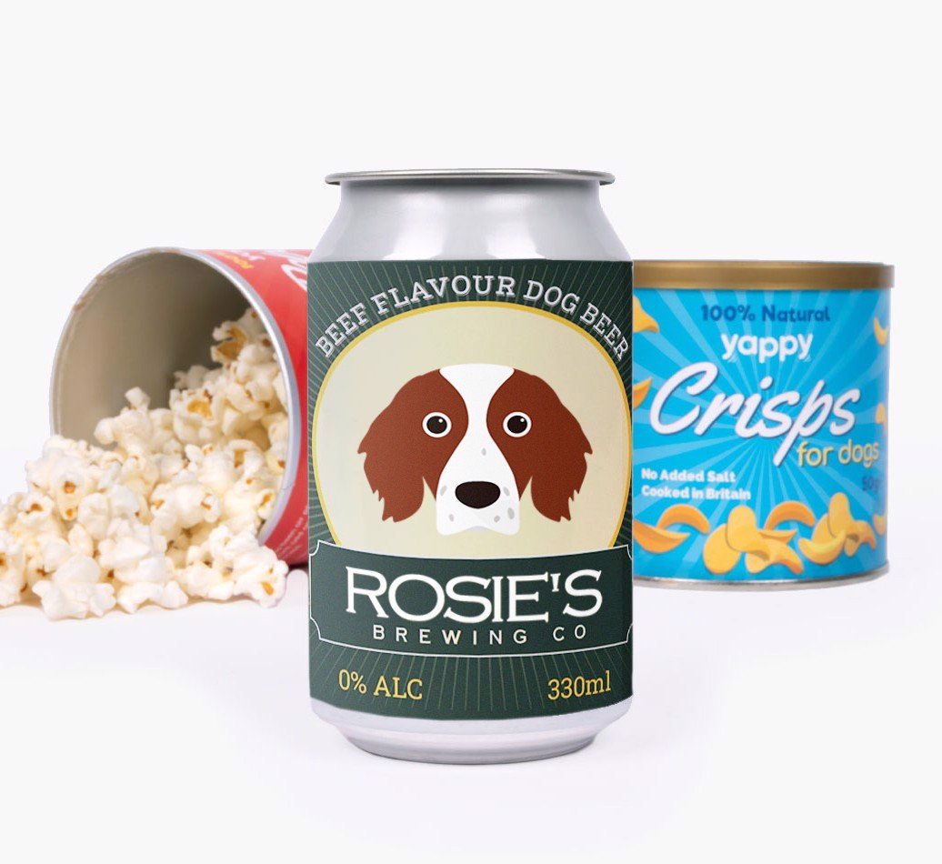 dog beer with popcorn and crisps, personalised dog beer can with popcorn and crisps