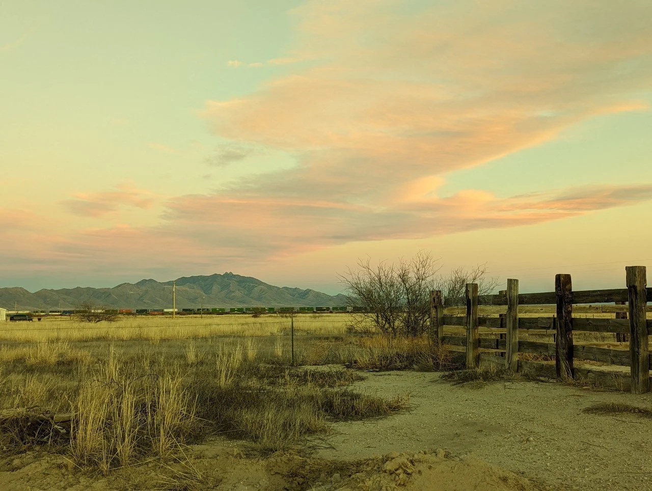 train at sunset, Cattle Rest Saloon in Wilcox AZ
