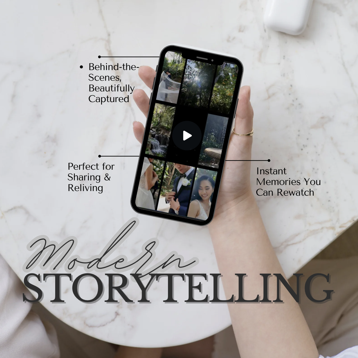 A hand holding a smartphone displaying a collage of outdoor and wedding photos. Text on the image mentions behind-the-scenes capture, sharing and reliving memories, and rewatching moments. The background is a white marble surface.
