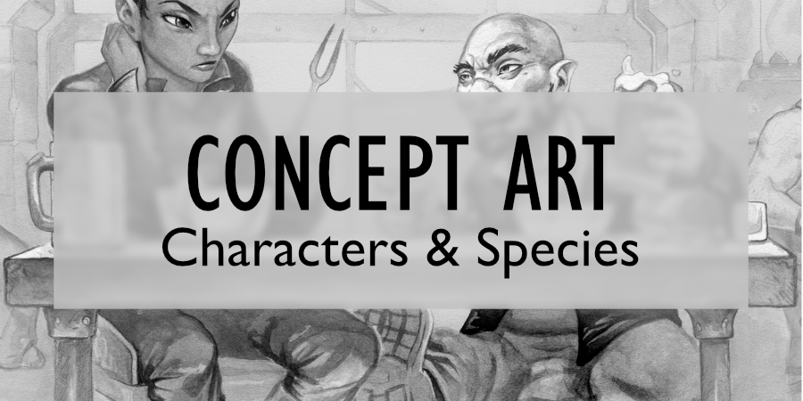 Invitation to view concept art of characters and species unique to Ismae. Image includes some of the concept art.