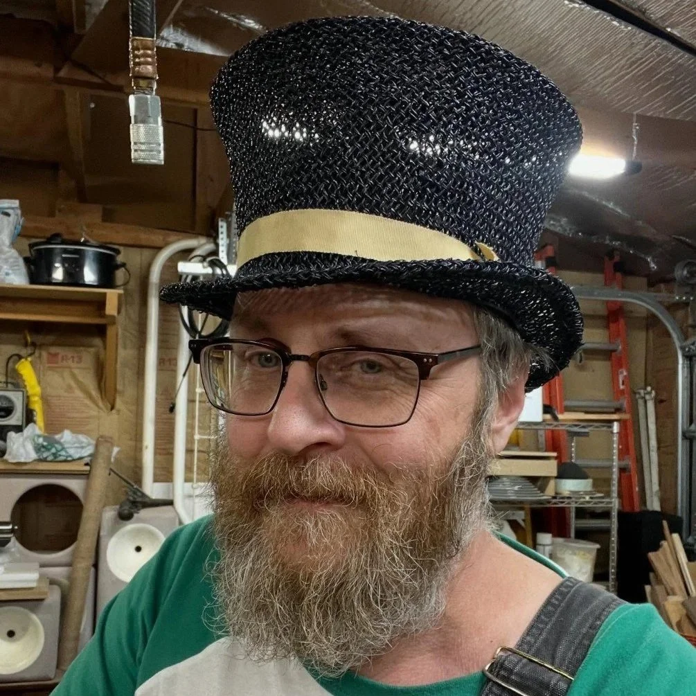 Michael R. Swanson, independent author of fantasy horror novels, wearing a silly top hat.