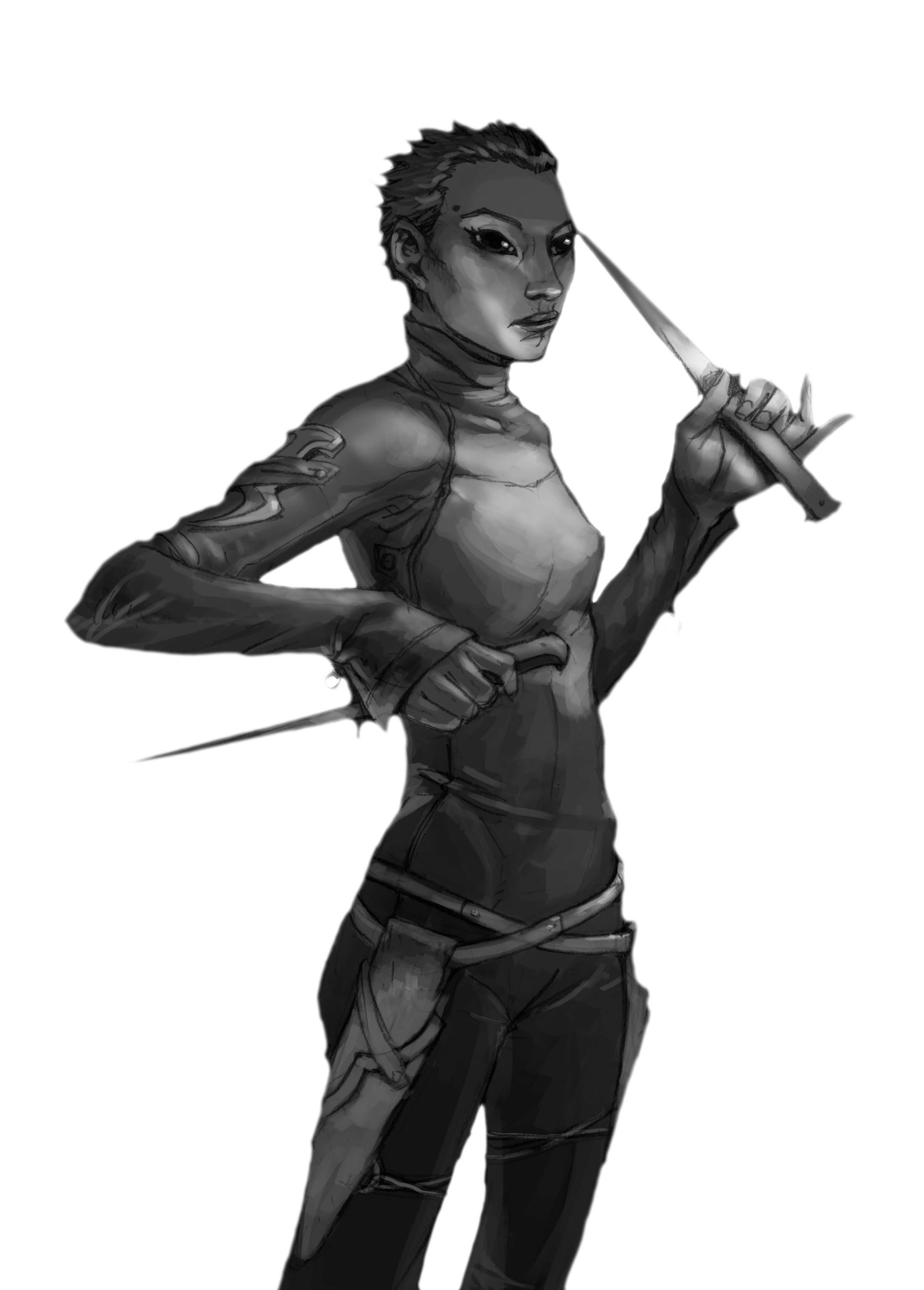 Concept art of Aliara Rift by Jacob Walker. Aliara is a Thung Toh operative. Her species is chivori, with large dark eyes and dark grey skin. She is holding two stiletto daggers and wearing a catsuit.