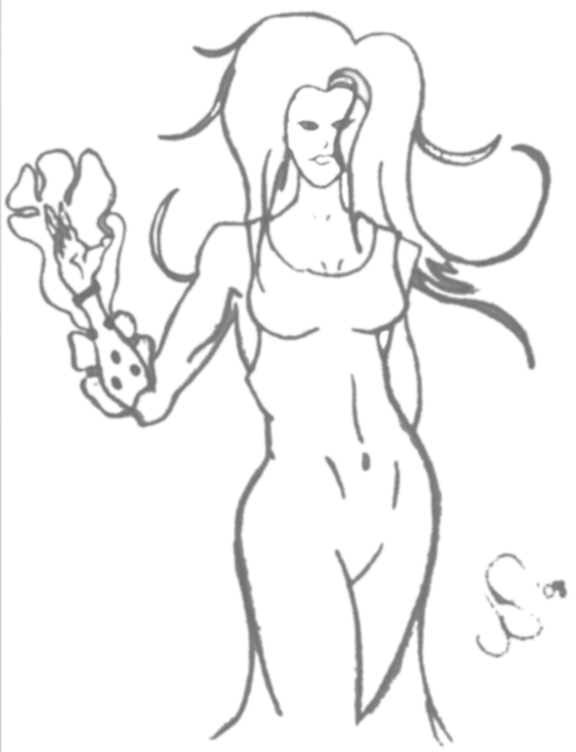 Concept art of Lady Orilausko with an exotic weapon, drawn by Jeffry Swanson.