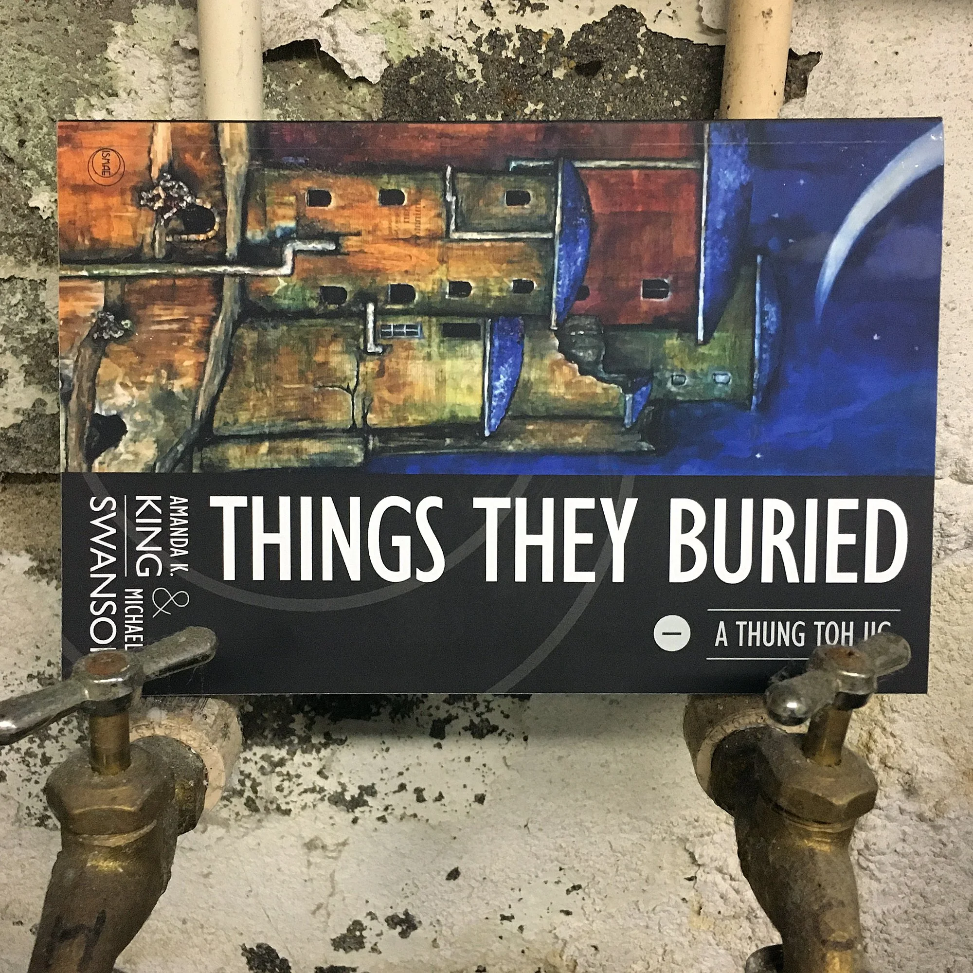 Things They Buried paperback sitting against a dirty wall with plumbing--a theme in the novel.