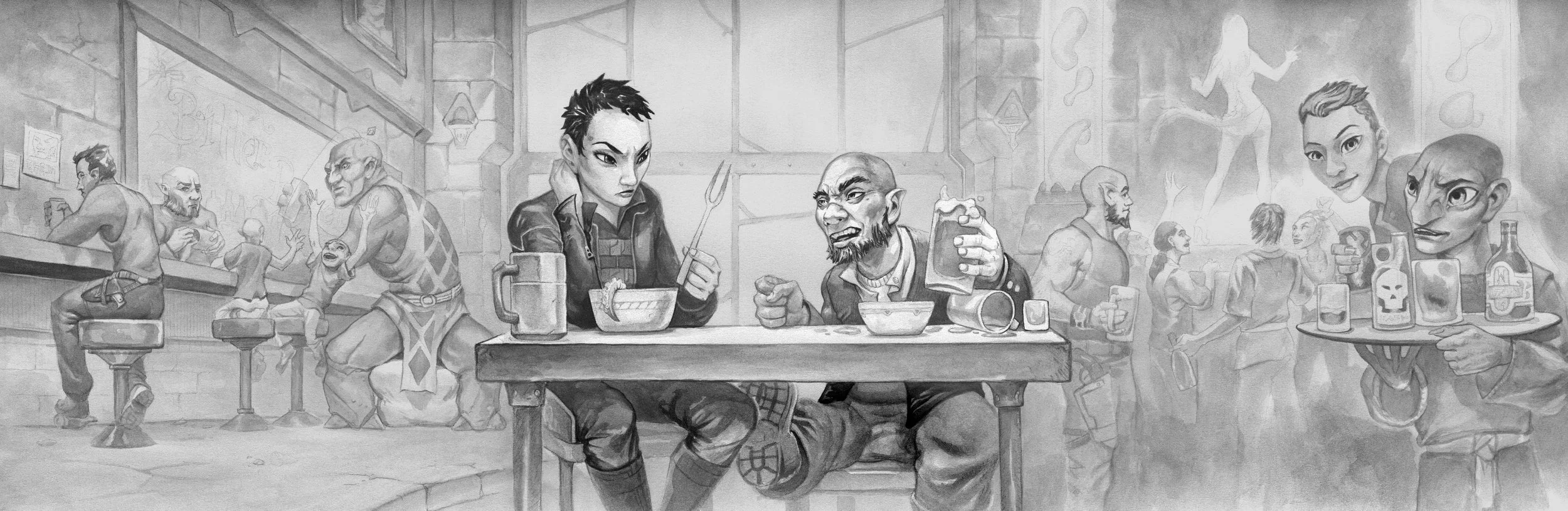 Concept art of the first chapter of Things They Buried. Features Aliara Rift at the Bitter Barnacle with Frabo. He is telling her the story of a monster he found beneath the Desalinization Plant, claiming it's "that Orono."