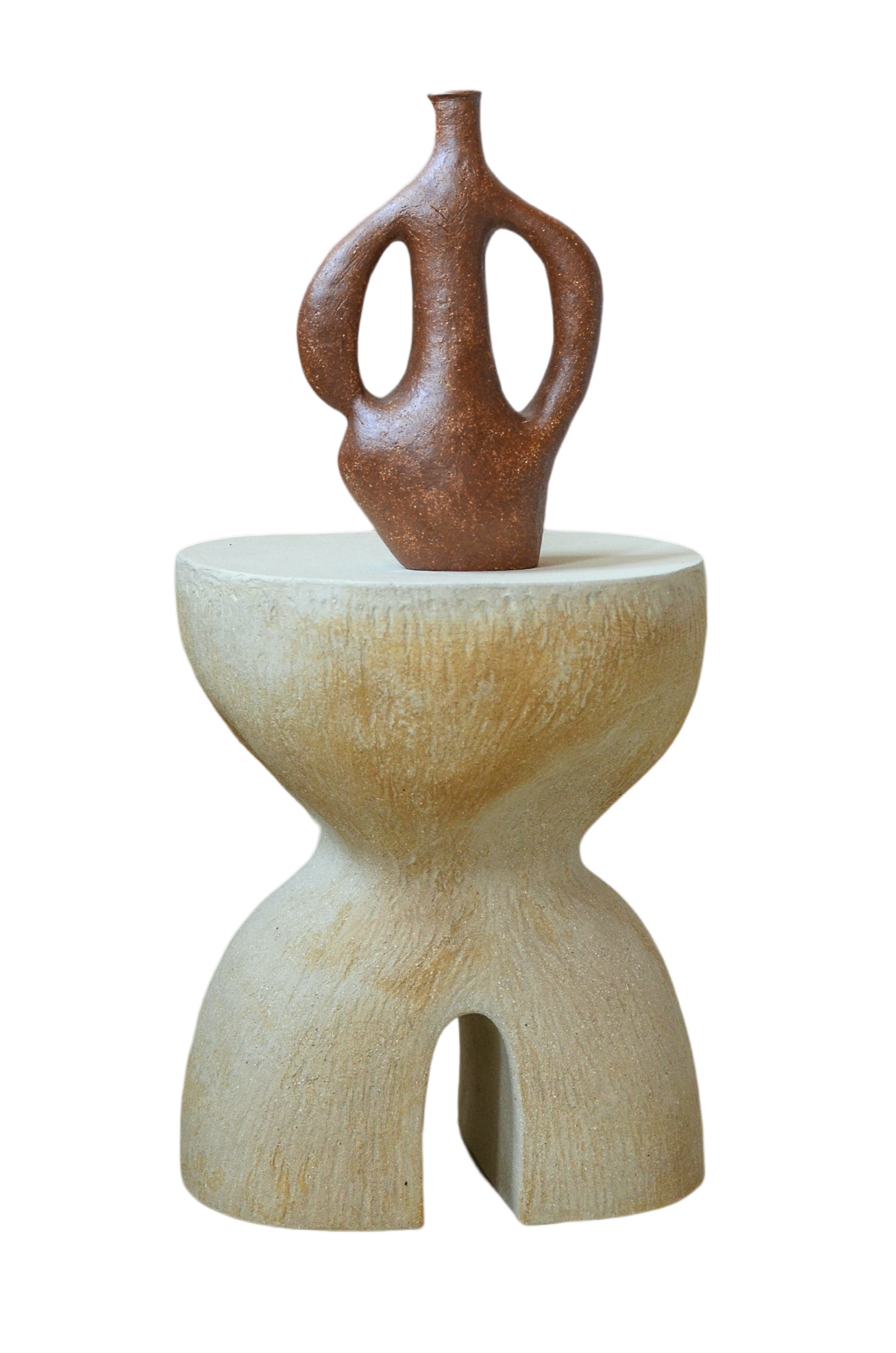 TABULA RASA VII (SHOWN WITH BIRD GODDESS I VESSEL), 2022, STONEWARE, UNGLAZED, 35.5 H X 28.5 W X 28 D (CM)