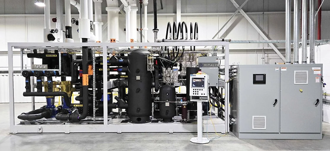 Vitalis Coolshift CO2 water-to-water heat pump in Michigan for simultaneous heating (1.5 MW) and cooling (1 MW) with combined COP of 5+.