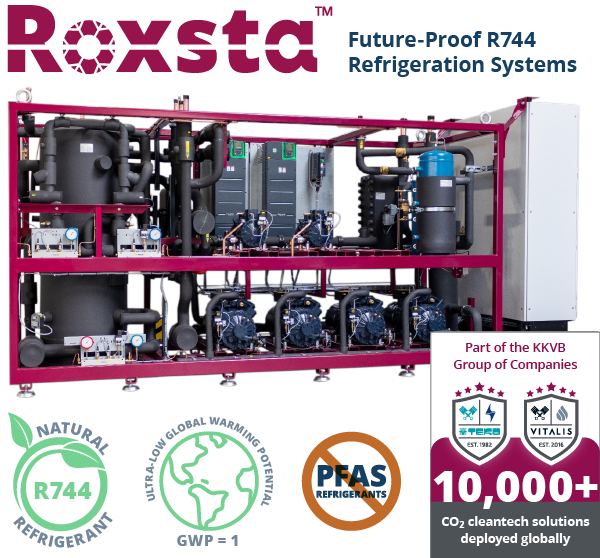 Roxsta logo with Roxsta refrigeration rack and icons for R744 (natural refrigerant), ultra-low global warming potential (GWP = 1), no PFAS refrigerants, and Vitalis as part of the KKVB Group with TEKO and 8,200+ CO2 solutions deployed globally