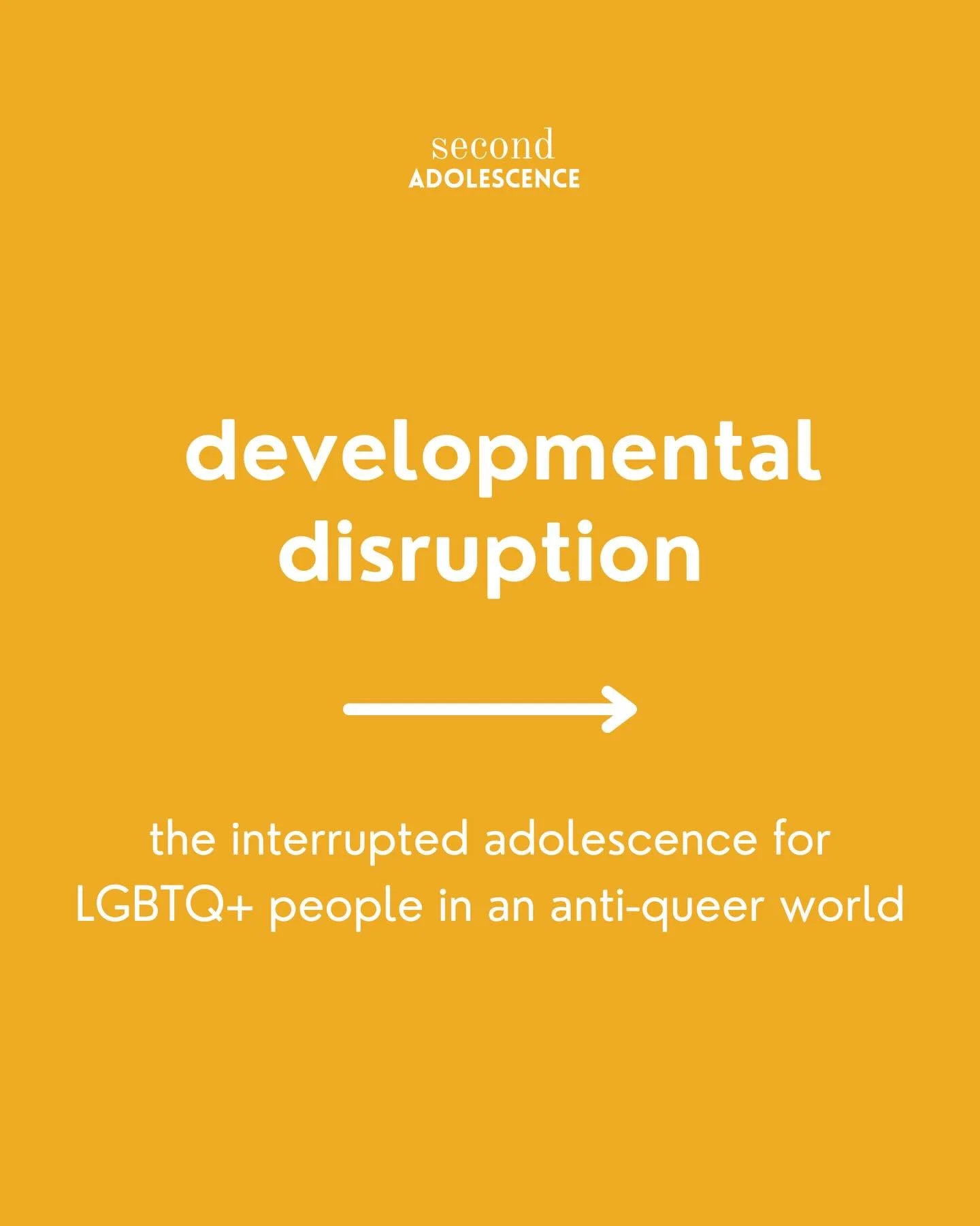 Growing up as a young LGBTQ+ person in a stigmatizing cultural context leads to what can be conceptualized as a developmental disruption. 

Many of the tasks and experiences of normative adolescence were not fully available to us. We may have gone th