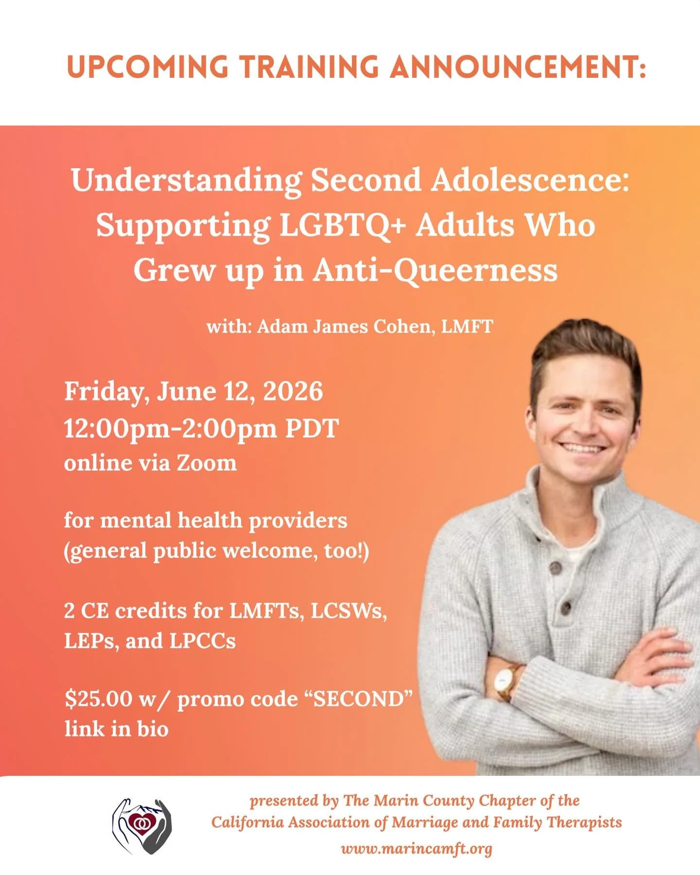 I&rsquo;m excited to invite you to my upcoming virtual training for @marincamft taking place on Friday, June 12 from 12-2p PDT online via Zoom. 

We will be exploring all things Second Adolescence, including:

- the psychological, social, and develop