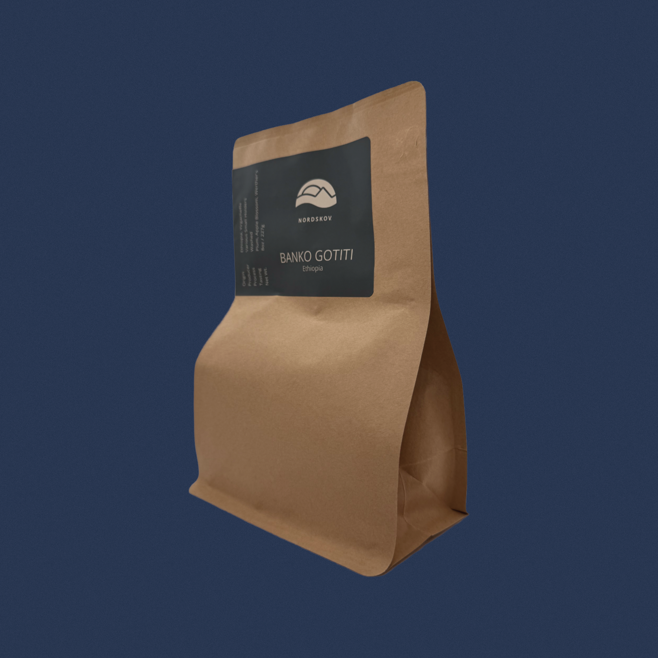 Bag of coffee beans from Ethiopia Gotiti Washed Yirgacheffe side view of bag