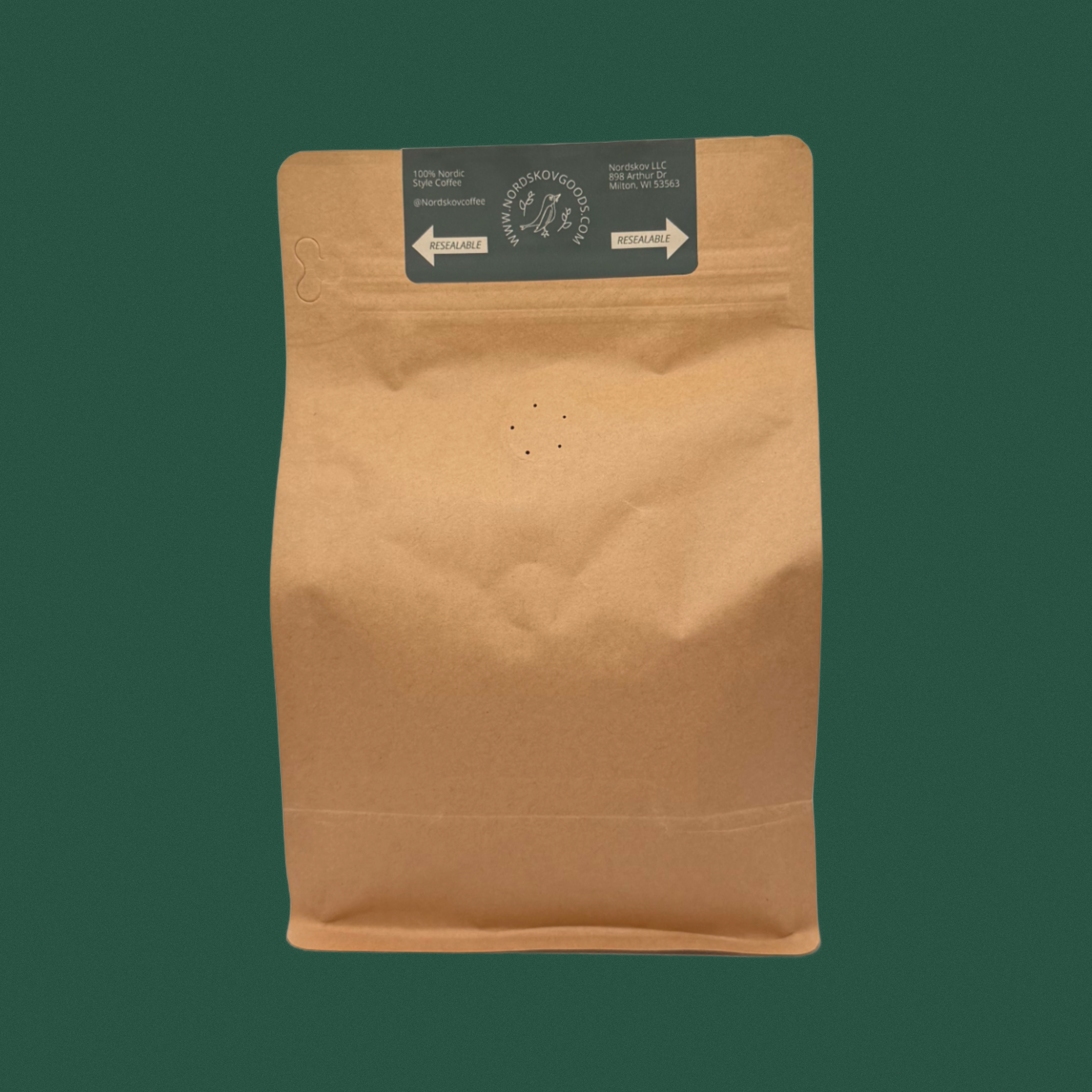 2026 bag of Nordskov WAKE seasonal blend coffee back view showing bag is resealable