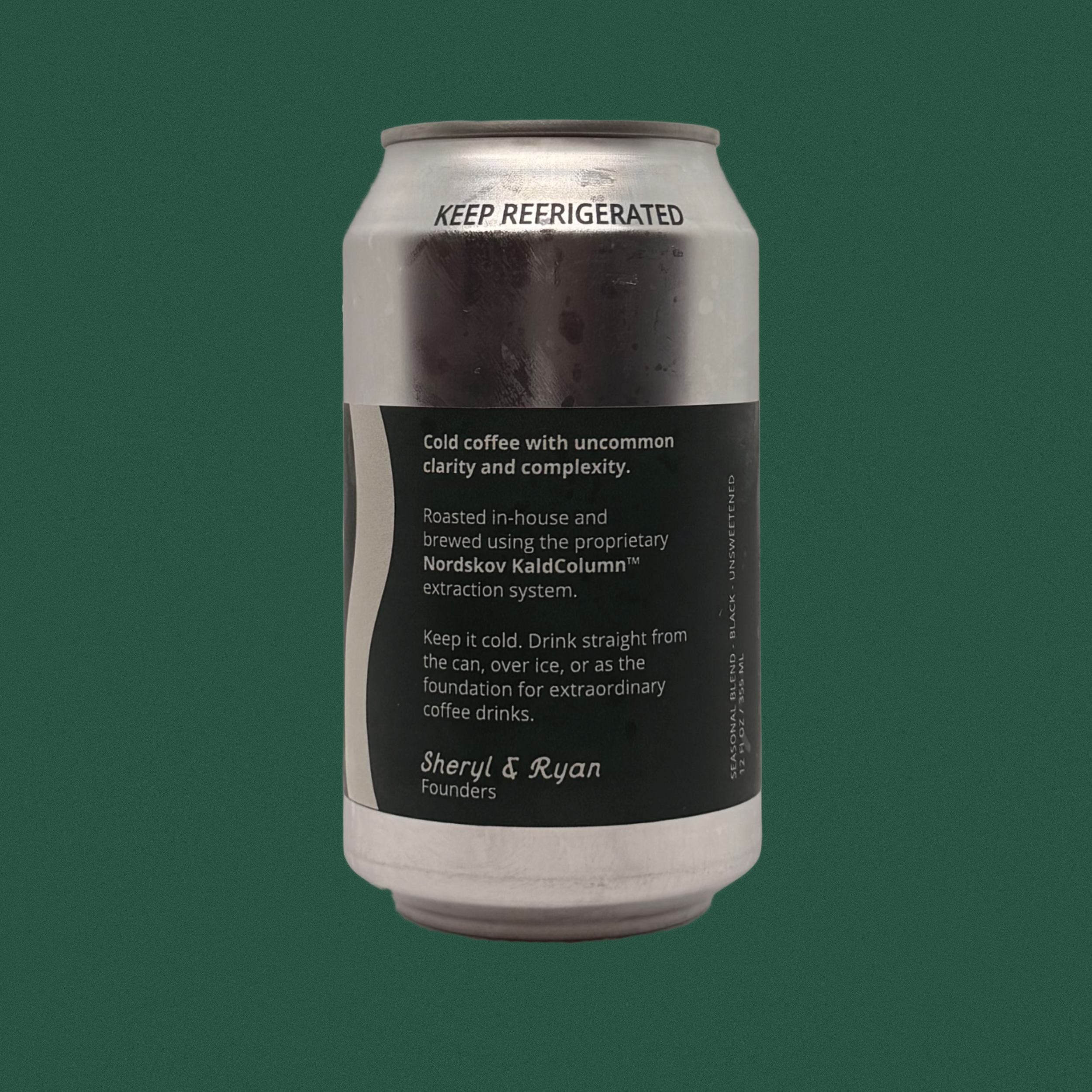 Single can of ice cold Nordskov coffee with message from founders Sheryl & Ryan