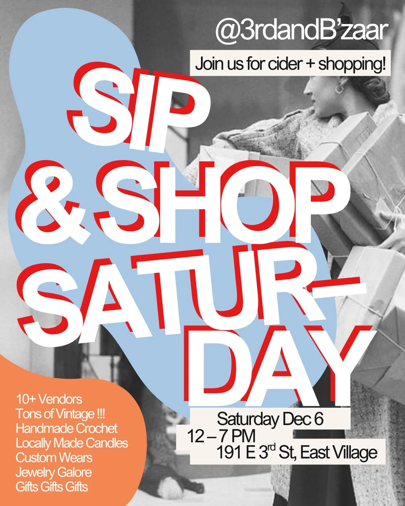 TOMORROW! Drop on in for a festive Sip + Shop here at @3rdandbzaar ❄️❣️ Cider, vintage, vibes await. 

Shop goods from a stellar roster of vintage and handmades vendors for coats, scarves, sweaters, treasures, jewelry, and tons of gifts! Vintage card