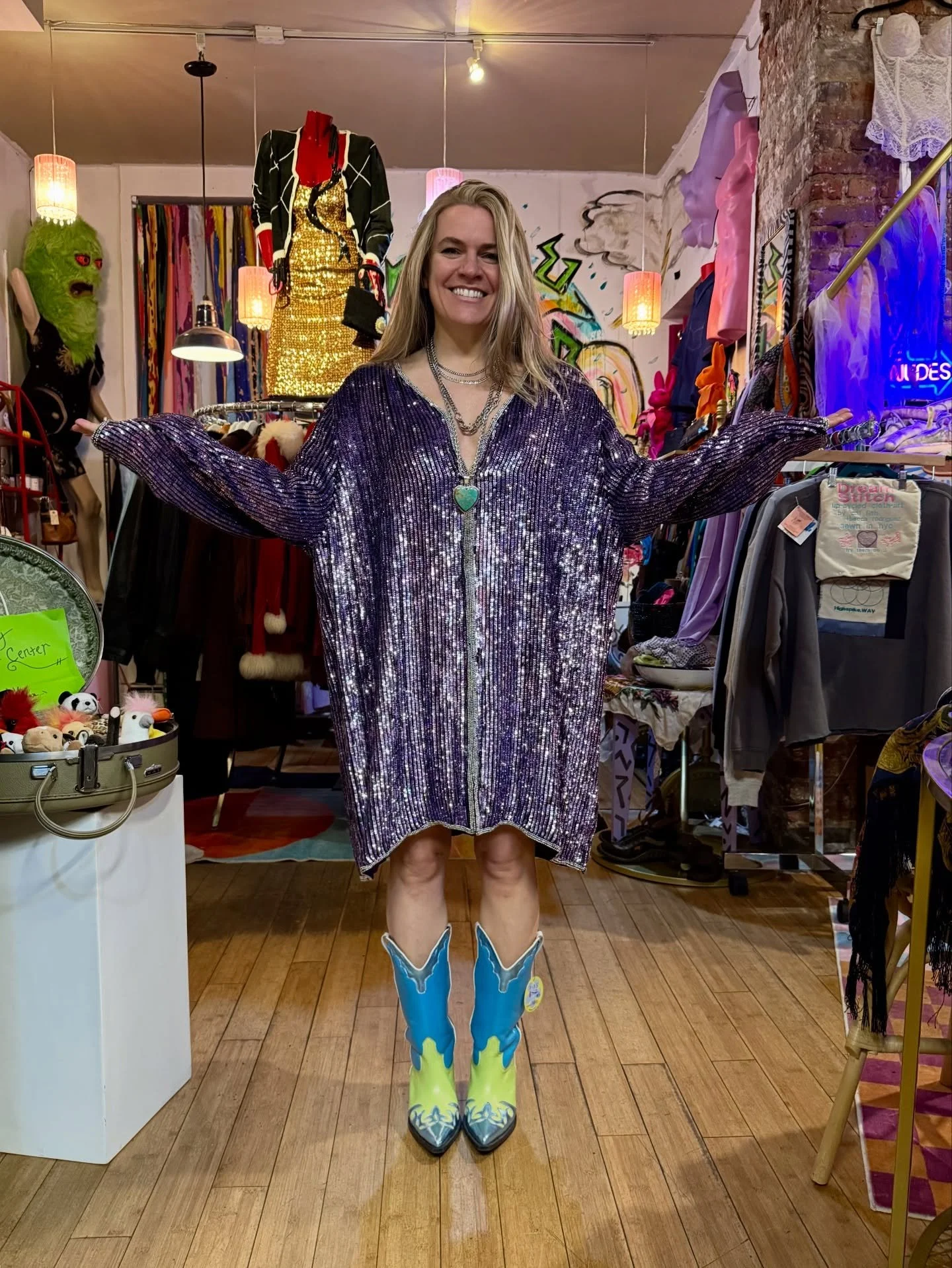 @kalinhart devouring a NYE look 🥂✨dress from @revisedleather + boots from @ratresaleclothing 🫶❄️💫 stop in Wed-Sun this week for all your going-out or staying-in goods !! we&rsquo;ve got a whole rack of sequined sparkle fits + a whole shelf of cand
