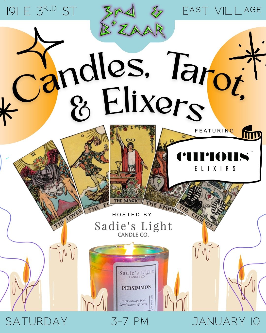 ✨Curious✨about the year ahead? Stop by @3rdandbzaar this Saturday, January 10 from 3-7 PM for free tarot readings and zero ABV beverage from @curiouselixirs 🥂💫

Hosted by @sadieslightcandleco at @3rdandbzaar &mdash; come set your New Year intention