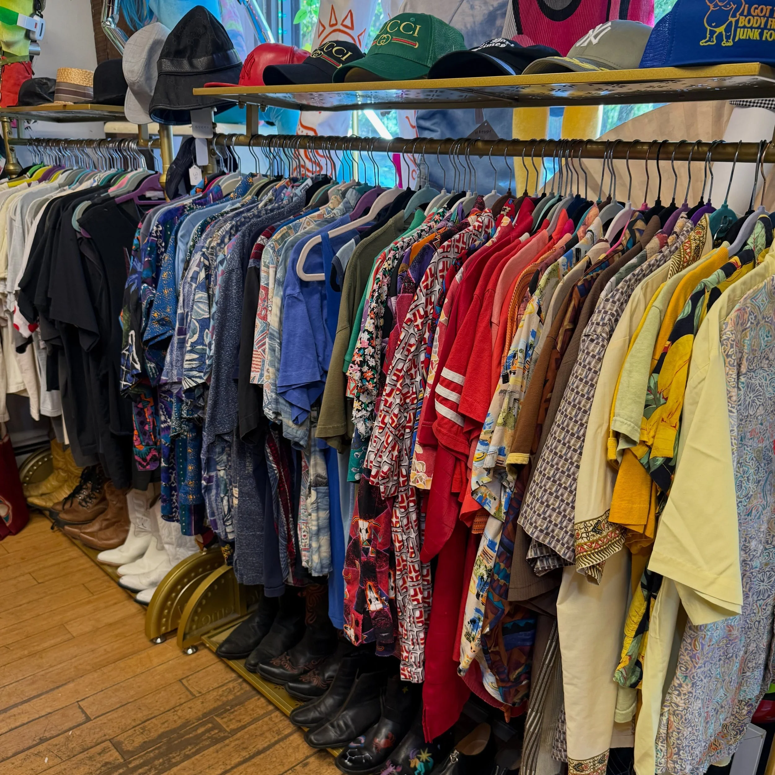 Awesome selection of men&rsquo;s shirts in the store! Currently we have two men&rsquo;s wear vendors @ludlowvintagesupply specializes in t-shirts and @hogtimevintage specializes in funky print!