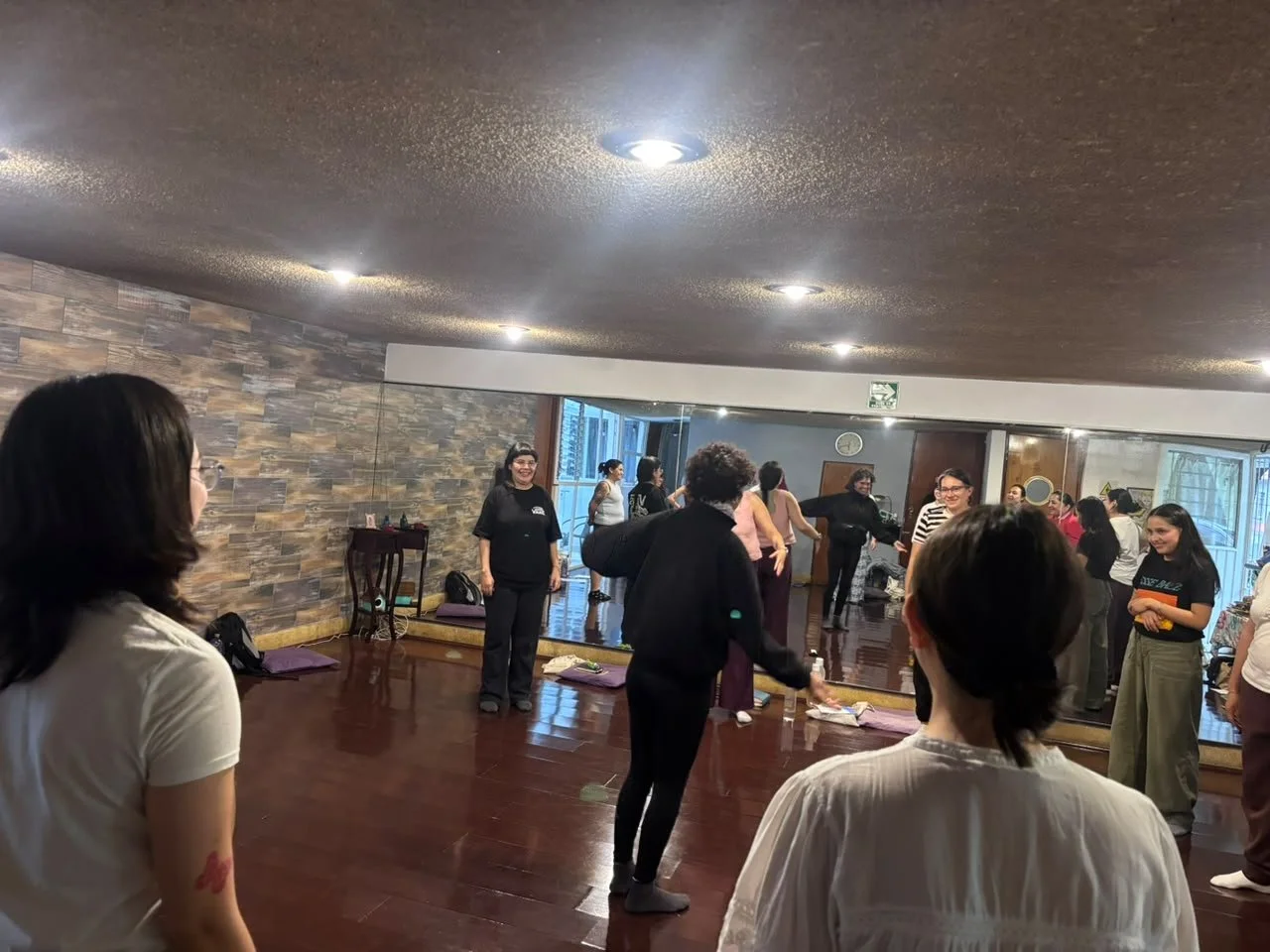 Grupo de personas en una clase de  arteterapia  en un estudio con paredes de piedra y espejos, algunas de pie y otras en el suelo, en un ambiente iluminado.