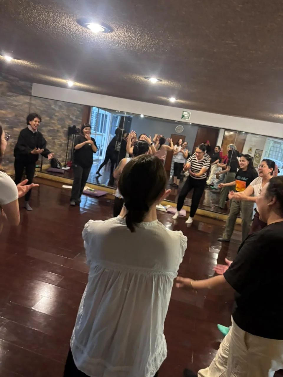 Grupo de personas participando en una clase de baile en un estudio con espejo y piso de madera.