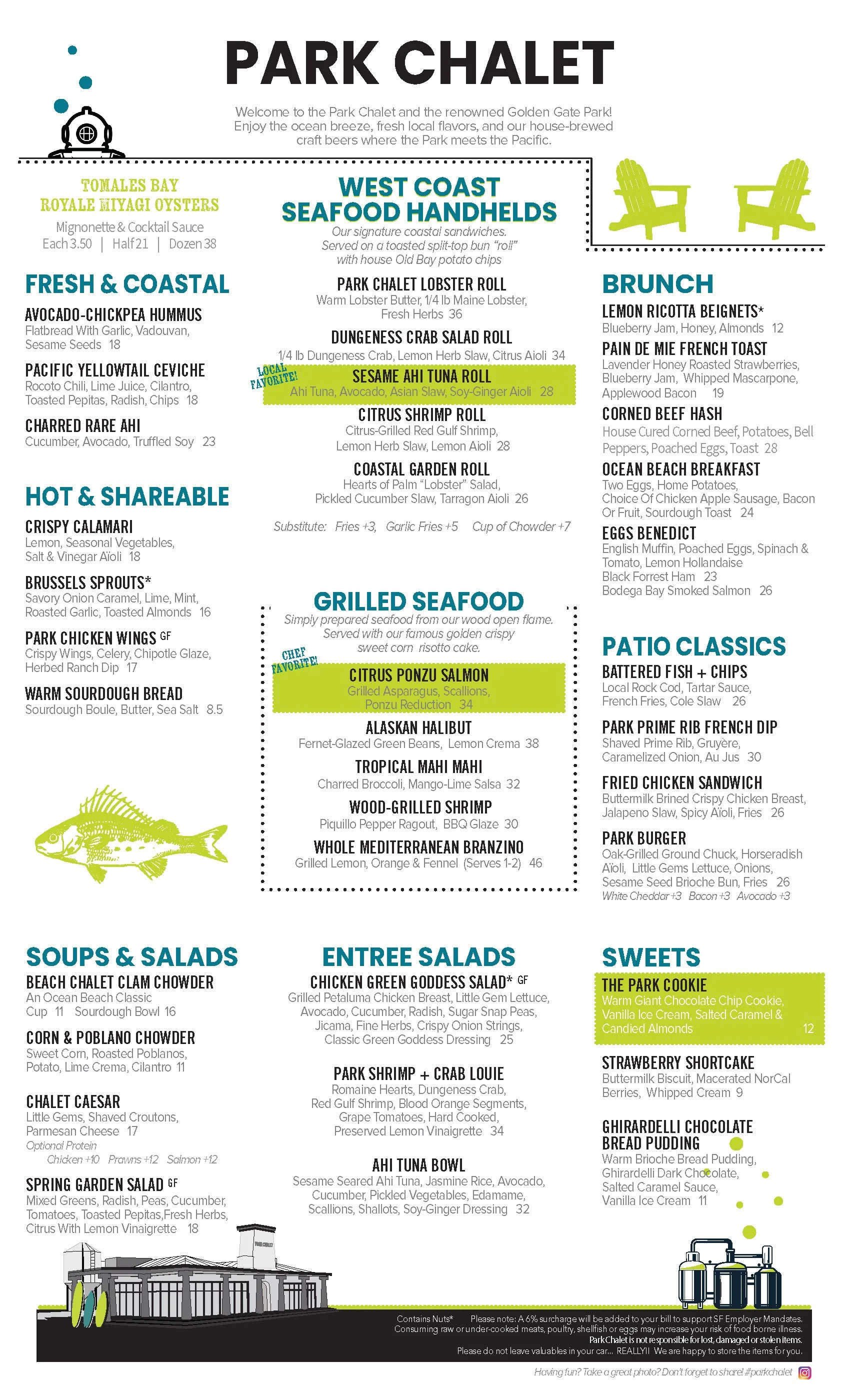 Menu for Park Chalet restaurant featuring seafood, salads, burgers, and desserts with highlighted items like Sesame Ahi Tuna Roll, Citrus Ponzu Salmon, and The Park Cookie. Sections include West Coast seafood, hot & shareable, grill seafood, soups & salads, entree salads, sweets, brunch, and patio classics.