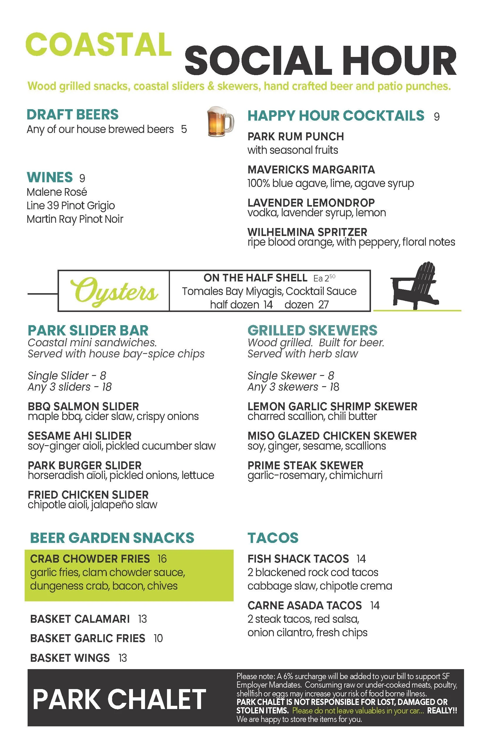 Menu featuring coastal bar snacks, draft beers, wines, happy hour cocktails, oysters, a slider bar, grilled skewers, beer garden snacks, and tacos at Park Chalet.