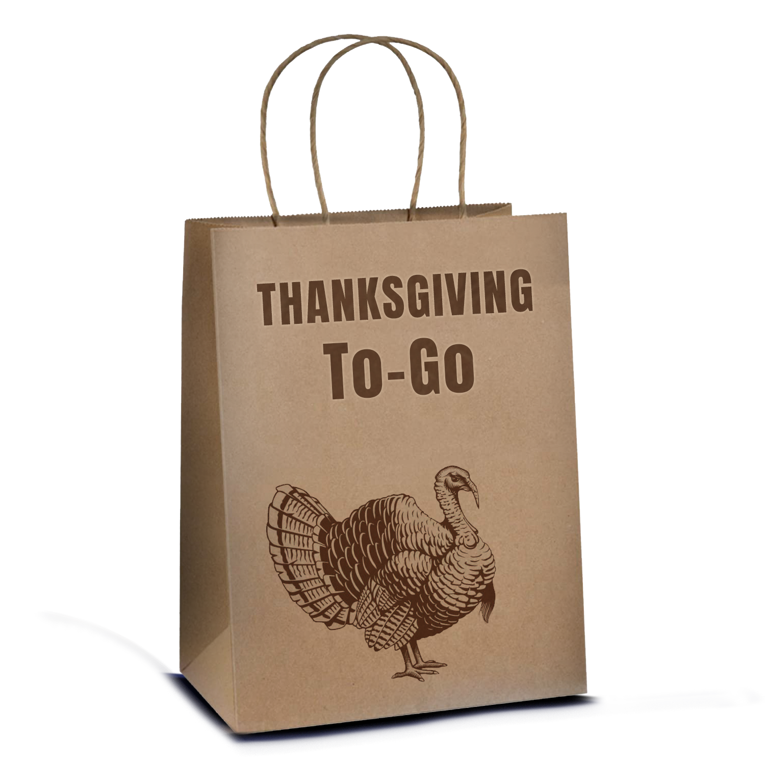 A paper bag with the text 'Thanksgiving To-Go' and a turkey illustration.