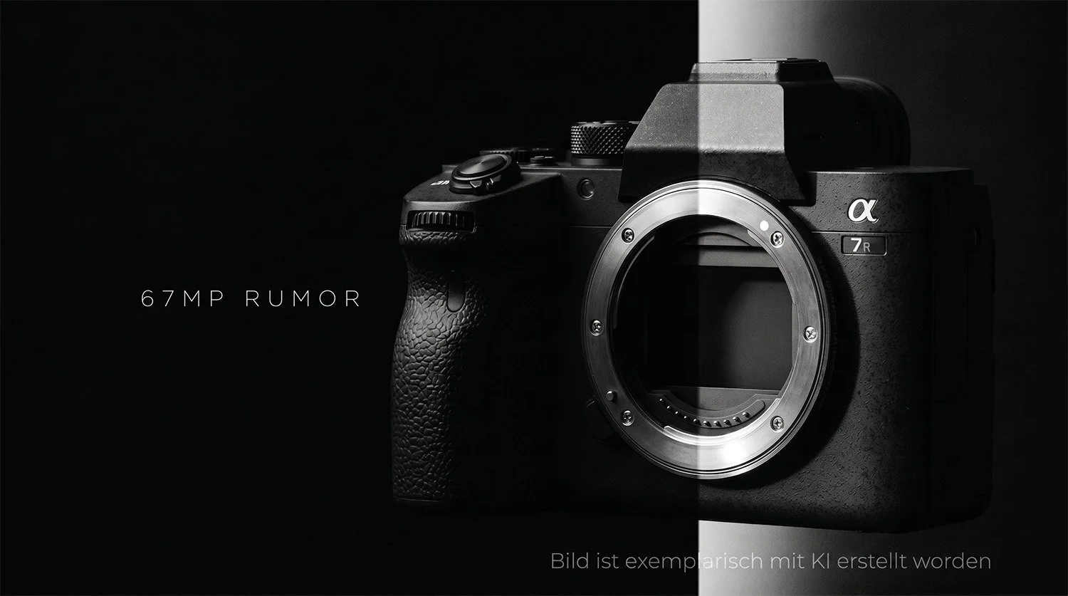 Visible is a camera in black and white that targets the rumors about the Sony a7 R VI. - Image was created as an example with AI