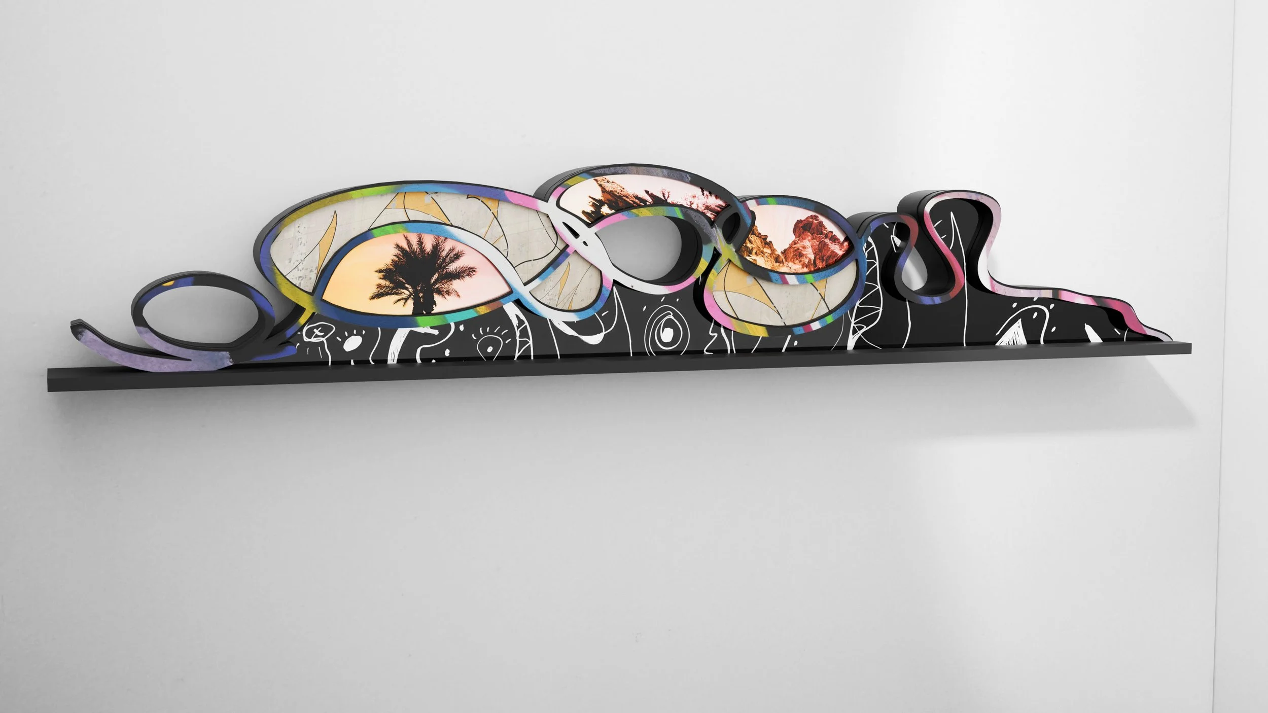 NOTHING IN A STRAIGHT LINE / 18" x 96" / UV photographic prints, PVC film, dichroic film, on layered, die cut mdf, dibond and foam