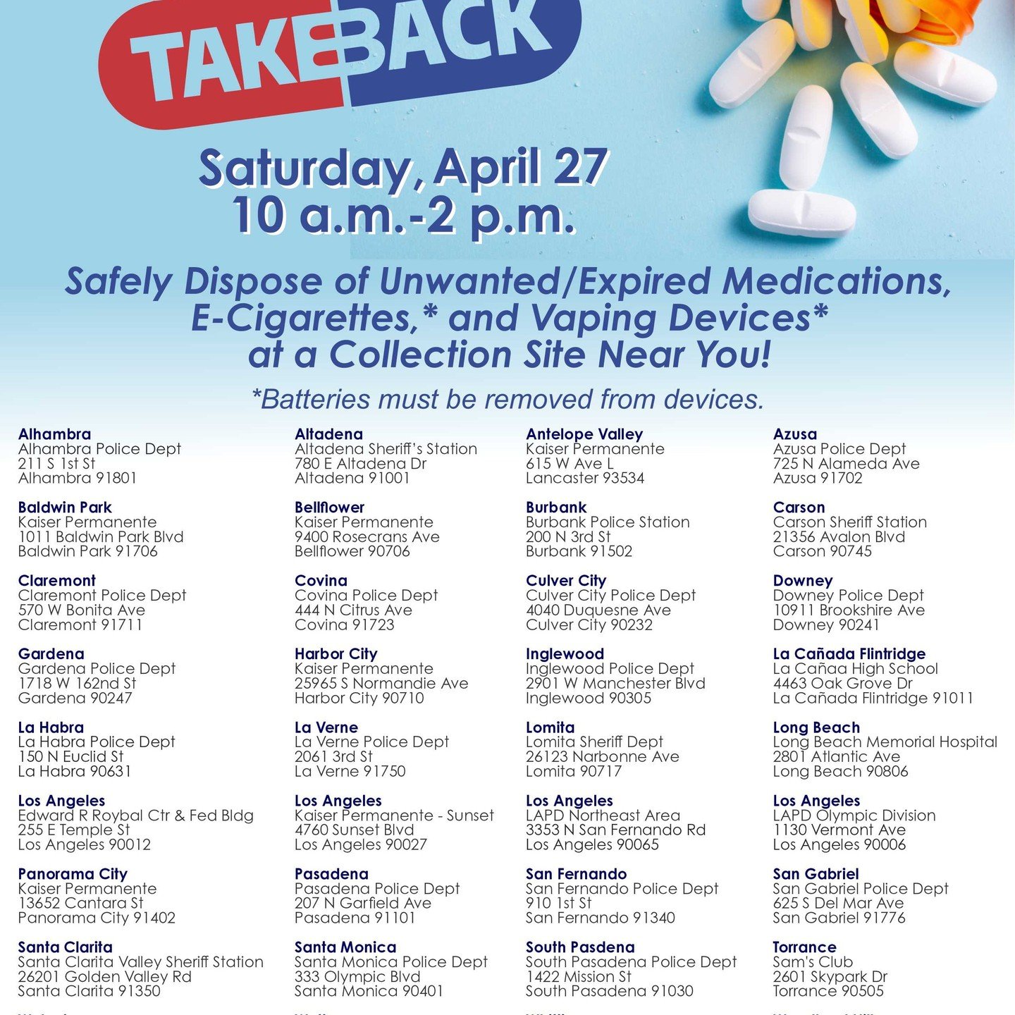It is important to safely dispose of any unwanted or expired medication. Taking a prescription drug not as the intended user or for the intended purpose can lead to drug abuse.
On April 27th, you can visit your local RX Takeback location from 10:00 A