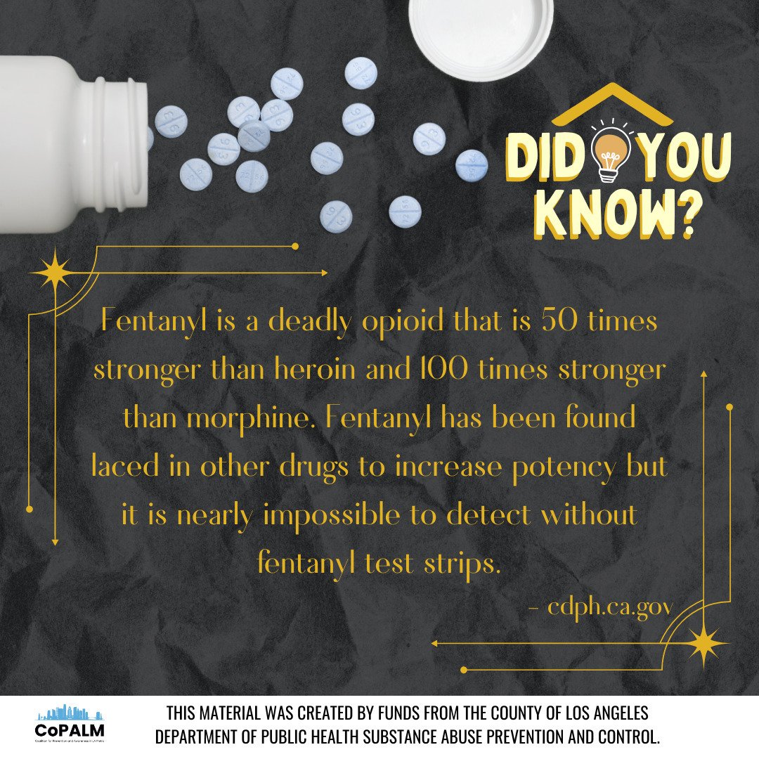 Did You Know? Fentanyl is a deadly opioid that is 50 times stronger than heroin and 100 times stronger than morphine. Fentanyl has been found laced in other drugs to increase potency but it is nearly impossible to detect without fentanyl test strips.