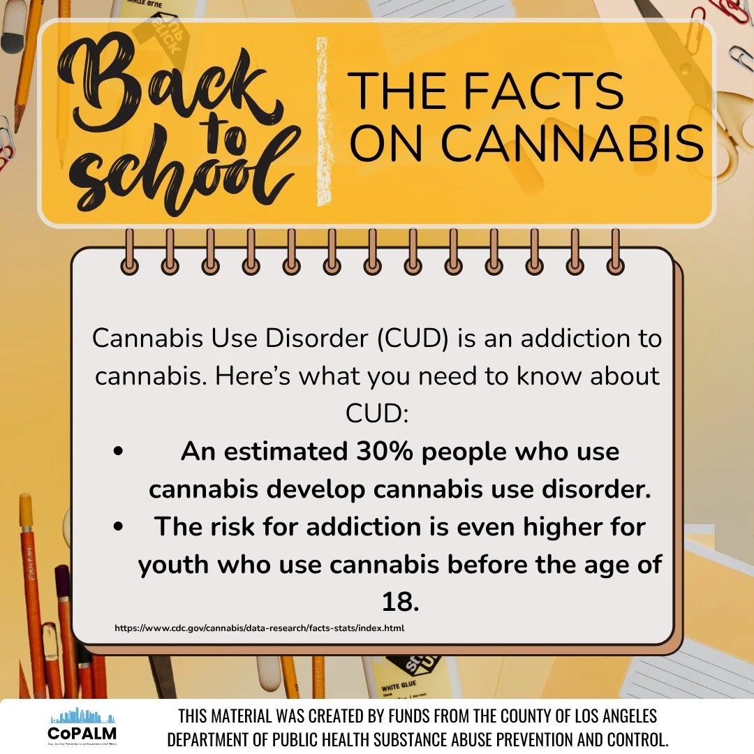 For those going back to school, here are some of the hard facts you should know about cannabis:
Cannabis Use Disorder (CUD) is an addiction to cannabis. Here&rsquo;s what you need to know about CUD:
 - An estimated 30% people who use cannabis develop