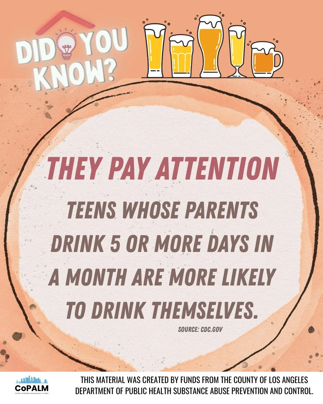 Did You Know? They pay attention! Teens whose parents drink 5 or more days in a month are more likely to drink themselves.

#DidYouKnow #Alcohol #Addiction #PublicHealth #copalm