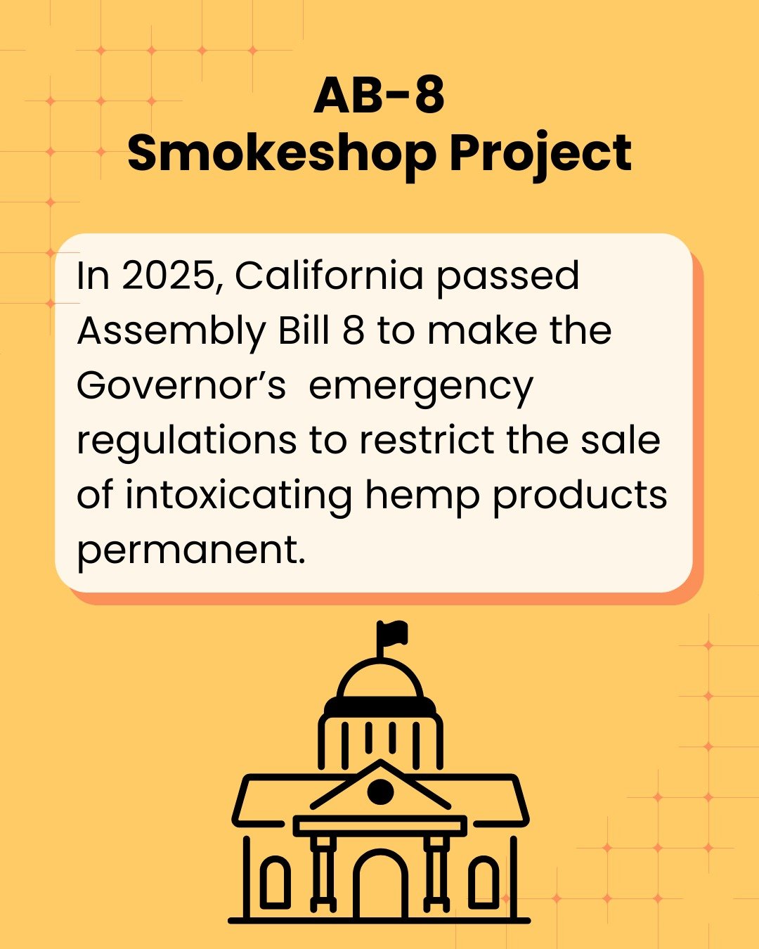 Since Assembly Bill 8 was passed, intoxicating hemp products are set to be banned from sale in California. The Smoke Shop Project conducts environmental scans to identify hemp-derived products which smoke shops are not licensed to sell. Swipe through