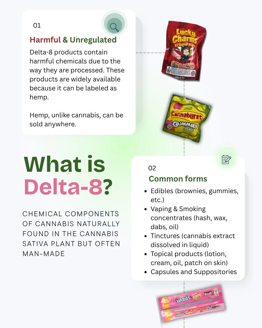 Brought to you by our CoPALM intern, "What is Delta-8?" Delta-8 is a form of THC that is extracted in small amounts from the cannabis plant or produced synthetically. Have a look to learn more about the harms of Delta-8, what it does, and w