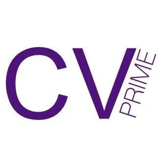 Logo with the letters 'CV' in large purple font and the word 'PRIME' written vertically to the right.