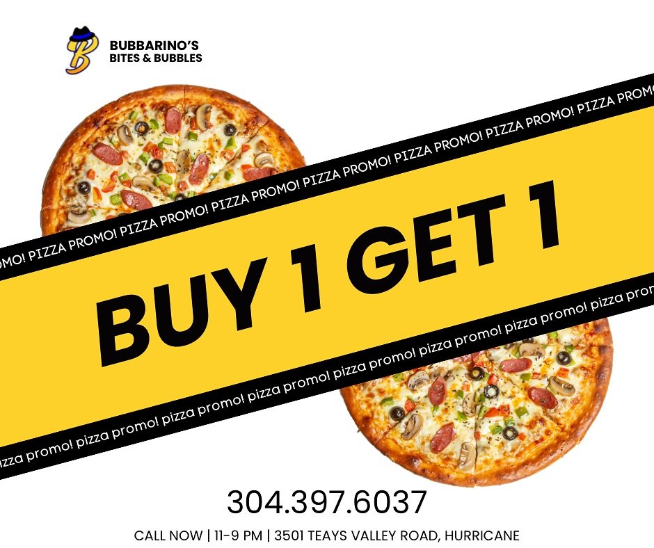 Free pizza every Tuesday at Bub&rsquo;s! BOGO FREE on any dine in or carry out order. 😎🍕

📍 3501 Teays Valley Road, Hurricane 
💻 Order online - bubbarinos.com 
📞 Call now - 304.397.6037