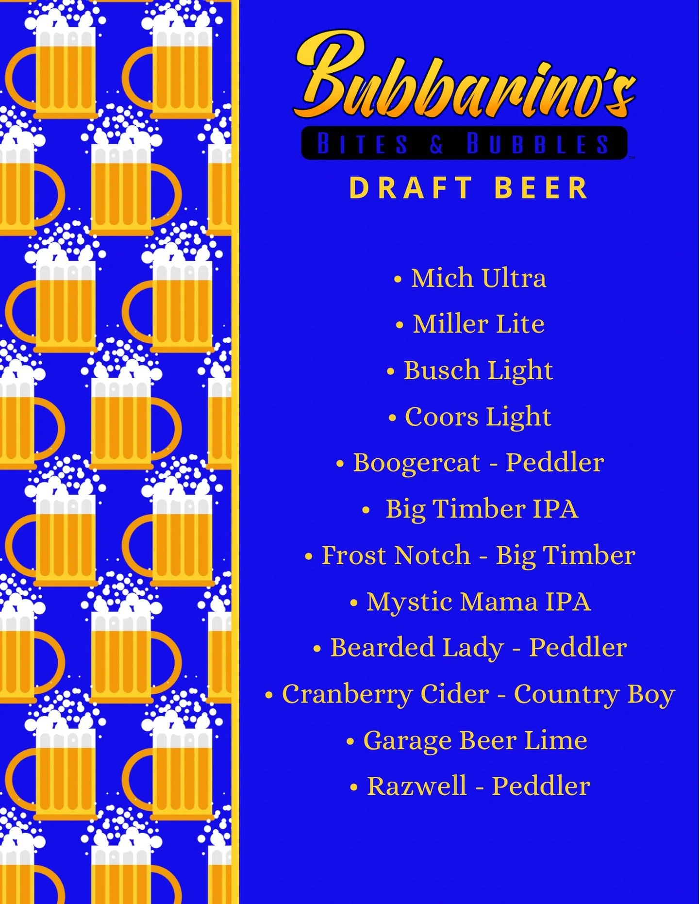 Updated Draft List 11/18 🍺

📍 3501 Teays Valley Road, Hurricane 
💻 Order online - bubbarinos.com 
📞 Call now - 304.397.6037