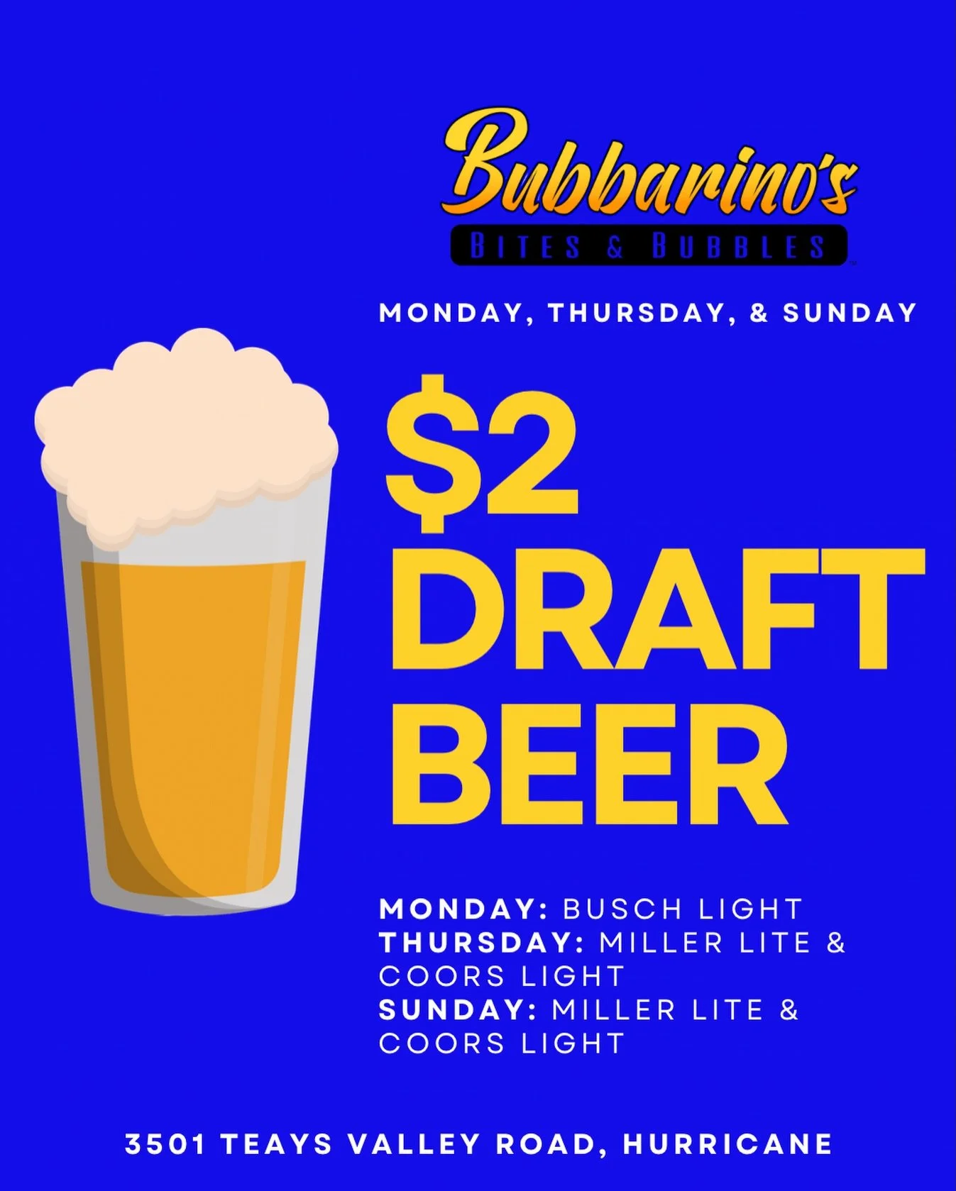 $2 select draft beer every Monday, Thursday, &amp; Sunday at Bub&rsquo;s! 😎

📍 3501 Teays Valley Road, Hurricane 
💻 Order online - bubbarinos.com 
📞 Call now - 304.397.6037