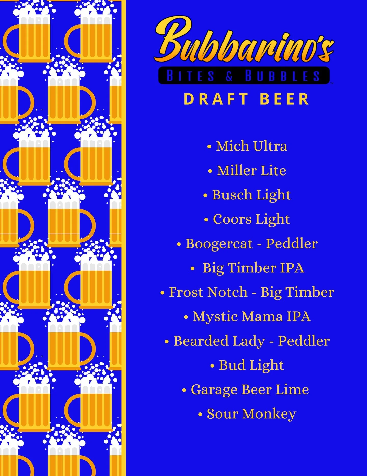 Updated Draft List 11/23 🍻

📍 3501 Teays Valley Road, Hurricane 
💻 Order online - bubbarinos.com 
📞 Call now - 304.397.6037