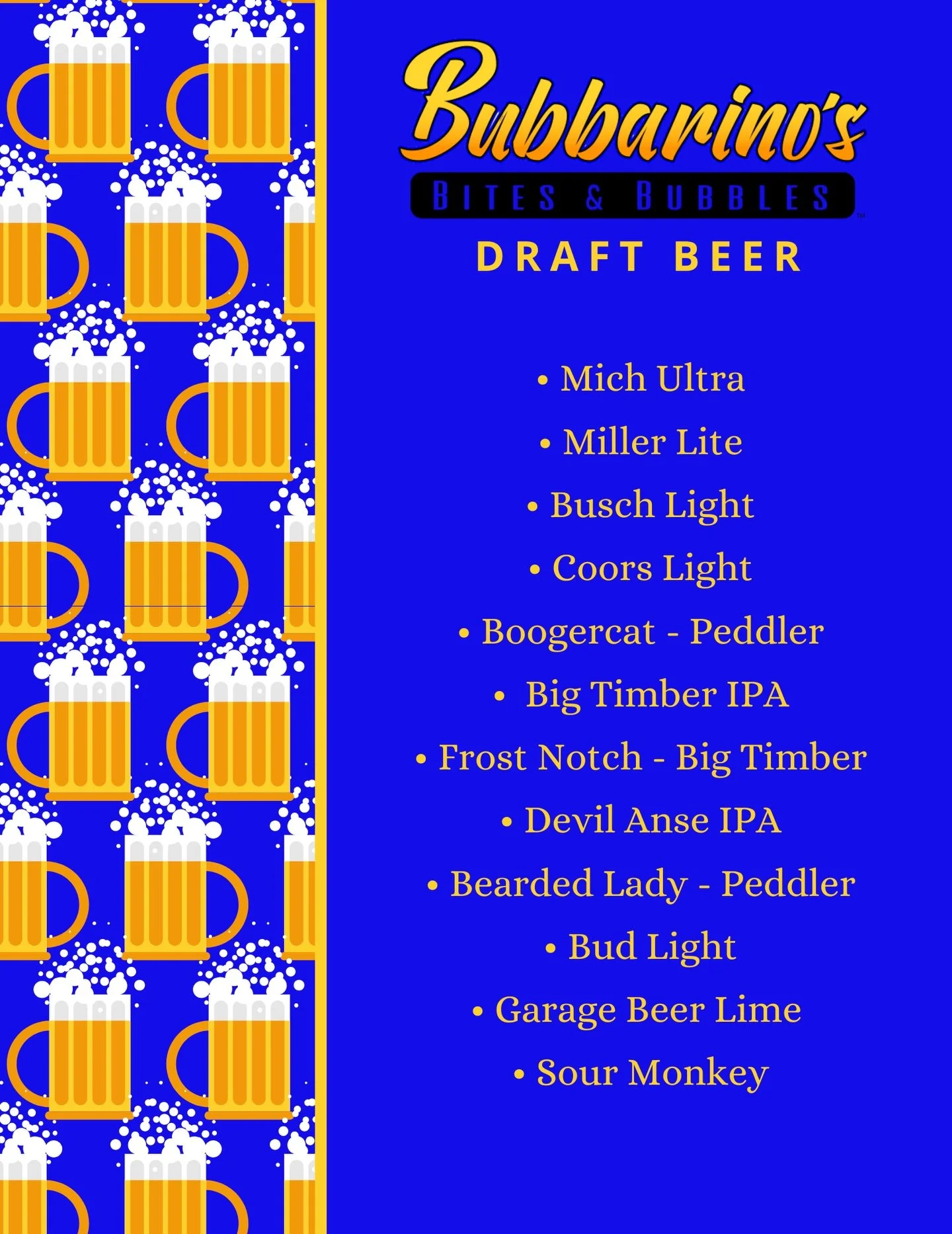 Updated Draft List 11/25 🍻

📍 3501 Teays Valley Road, Hurricane 
💻 Order online - bubbarinos.com 
📞 Call now - 304.397.6037