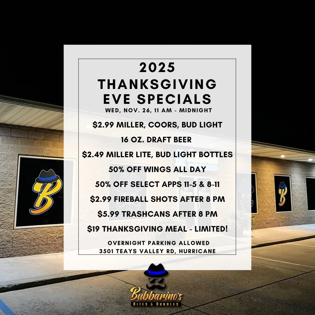 Stop by today and hang out with us! 🦃🍻

📍 3501 Teays Valley Road, Hurricane 
💻 Order online - bubbarinos.com 
📞 Call now - 304.397.6037
