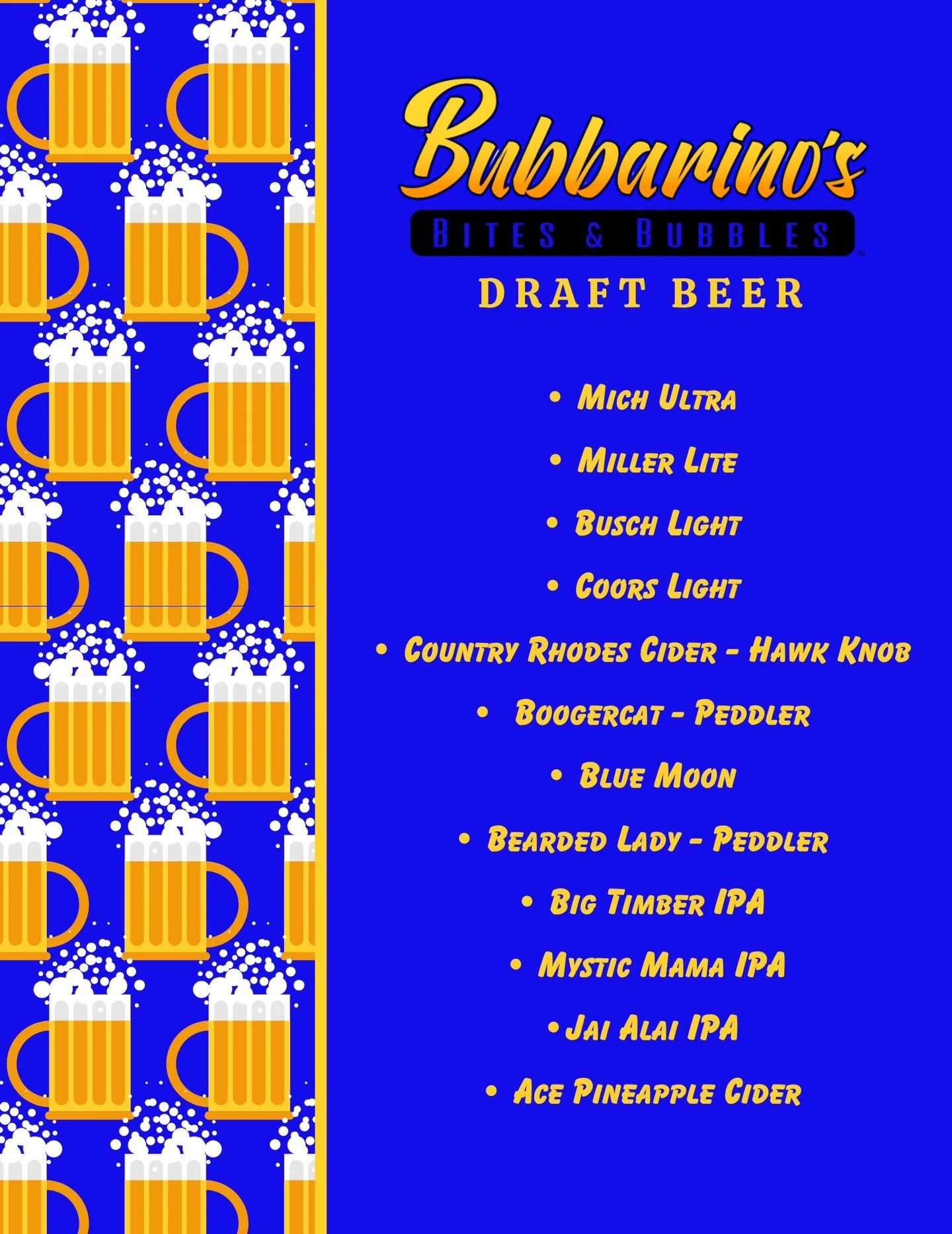 Updated Draft List 3/27 🍻

📍 3501 Teays Valley Road, Hurricane 
💻 Order online - bubbarinos.com 
📞 Call now - 304.397.6037