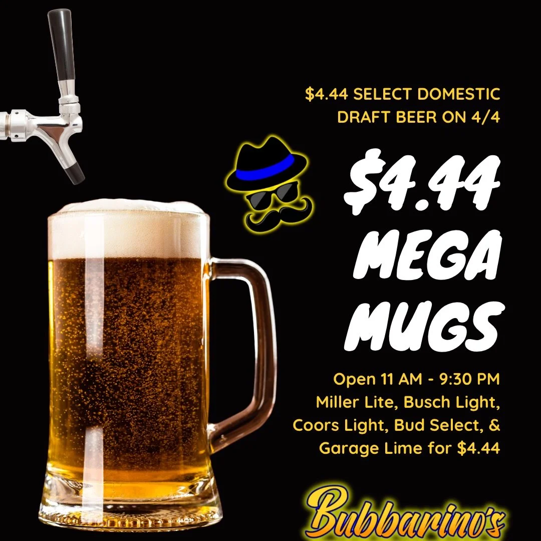 Join us tomorrow, April 4th, to celebrate the Final 4 tip off at 6 PM! The listed 34 oz. Mega Mugs will be $4.44 all day tomorrow, 4/4, just 4 you. 😎

📍 3501 Teays Valley Road, Hurricane 
💻 Order online - bubbarinos.com 
📞 Call now - 304.397.6037