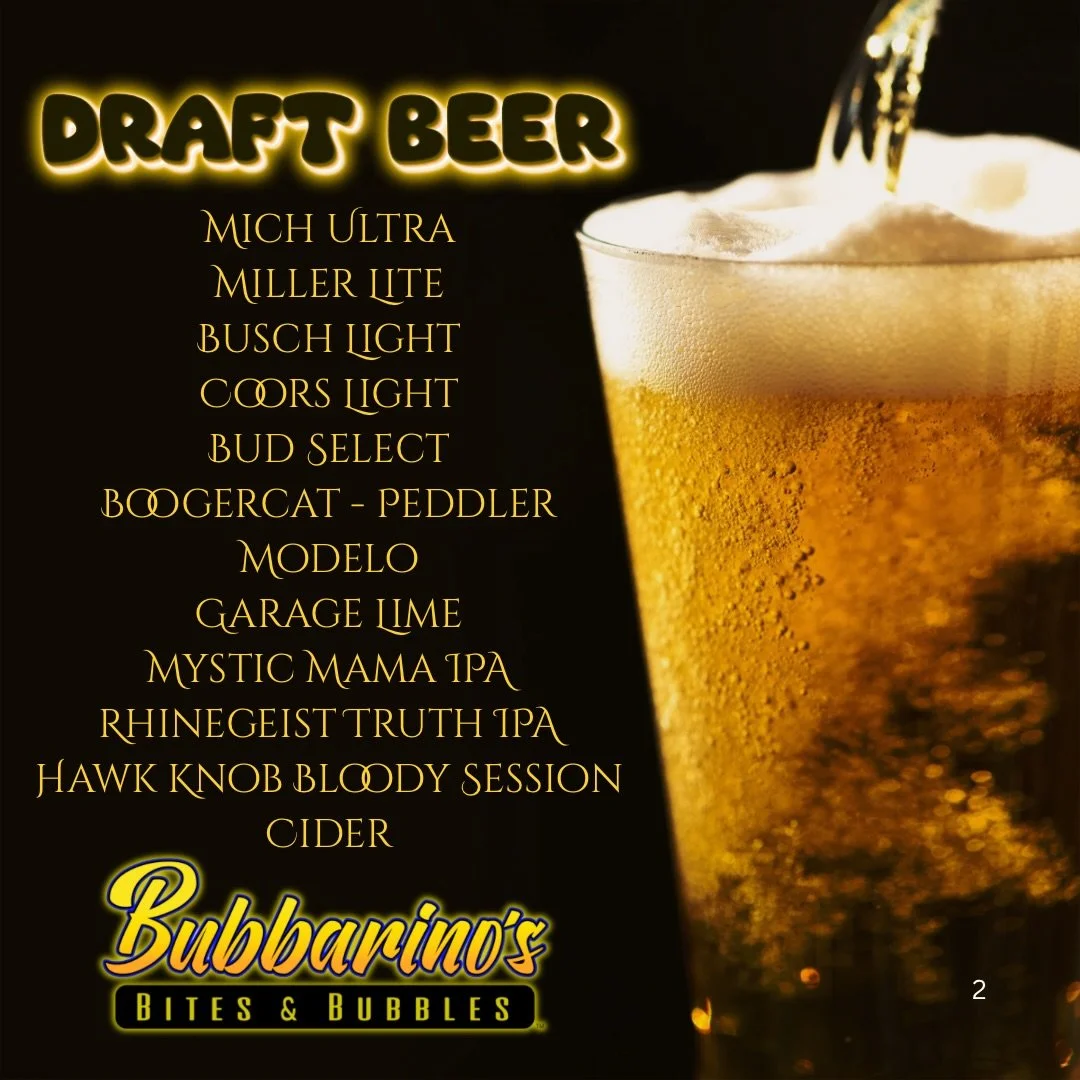 Draft List 4/8 🍻

📍 3501 Teays Valley Road, Hurricane 
💻 Order online - bubbarinos.com 
📞 Call now - 304.397.6037